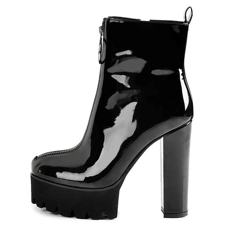 toe black patent leather platform chunky high heel ankle boots onlymaker