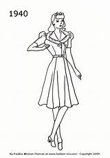 1940 Fashion Dress Drawing Silhouettes 1940s Drawings Silhouette 40s Costume Woman 1950 Dresses 1950s History Colouring Timeline Pages Coloring Women sketch template