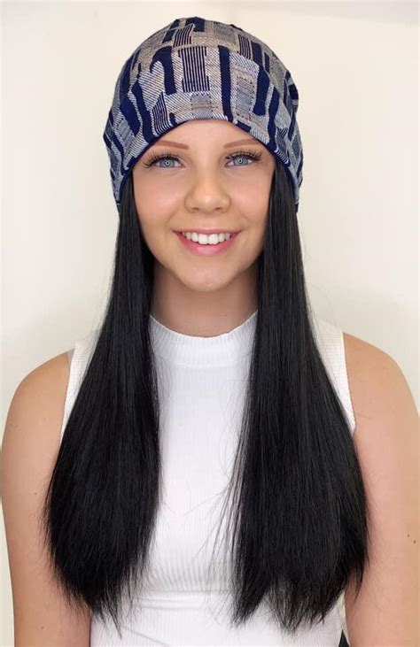 Soft Navy Beanie Hat With Hair Attached