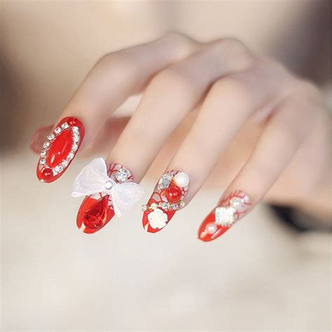 mode bruids valse nagel rood schoonheid grote strik lange ontwerp fake nail tips  nail