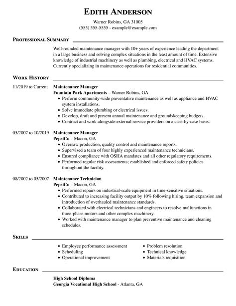 maintenance manager resume examples maintenance livecareer