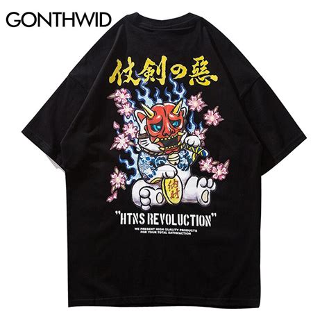 Gonthwid Japanese Funny Lucky Cat Evil Face Printed Streetwear T Shirts
