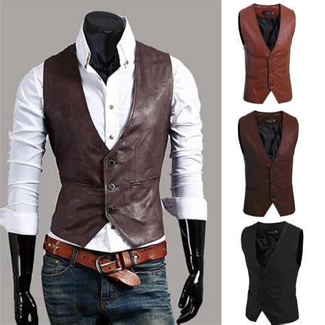 zogaa mens slim vest sleeveless jacket casual pu leather vests button open  neck geek simple