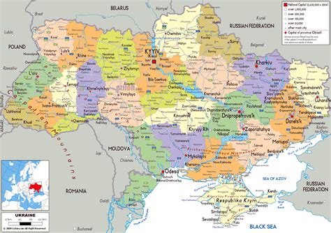 large political  administrative map  ukraine  roads cities  airports  english