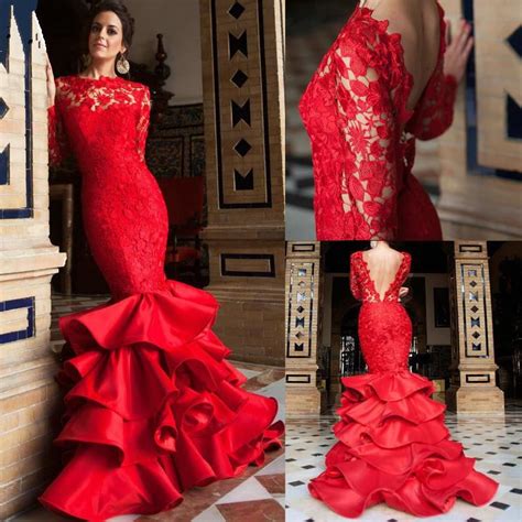 red mermaid wedding dresses lace long sleeve   tiered ruffle bridal gow red wedding