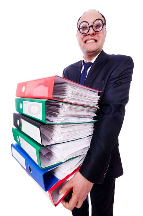 funny man with lots of folders on white stock image colourbox