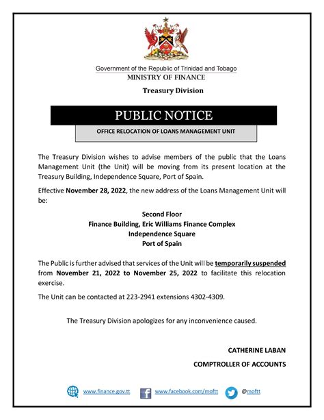 public notice office relocation  loans management unit ministry