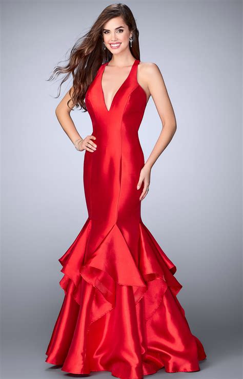 gigi 24197 deep v neckline with ruffle fit and flare