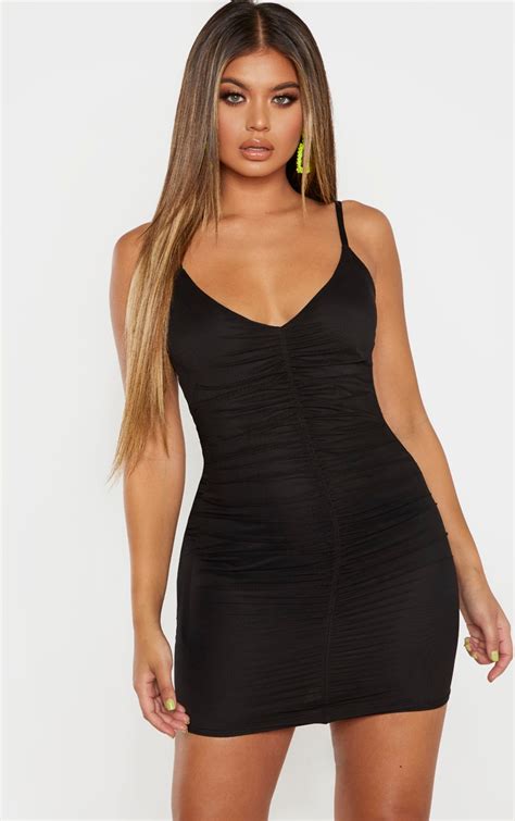 black strappy mesh ruched front bodycon dress prettylittlething