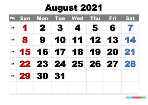 printable august  calendar word  image