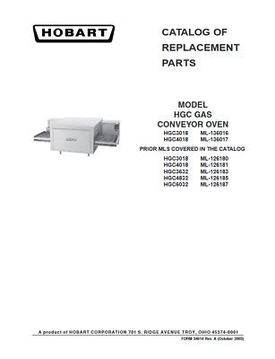 hobart  catalog  replacement parts  model hgc gas conveyor oven ebay