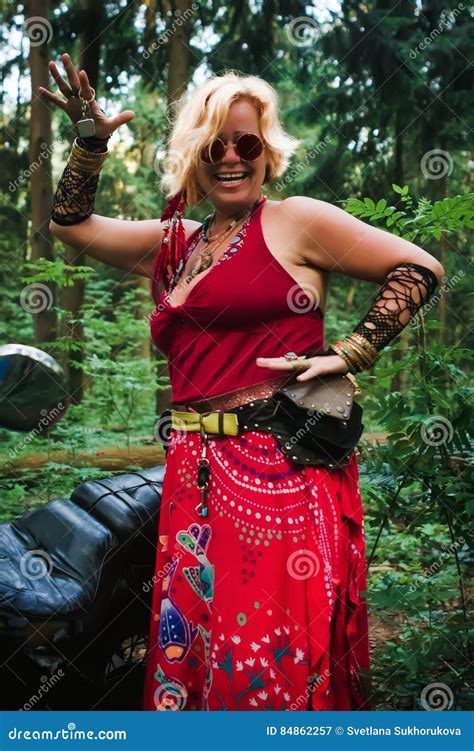 mature woman biker in hippie style stock image image of clothing