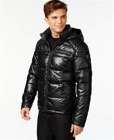 guess hooded puffer jacket in black for men lyst