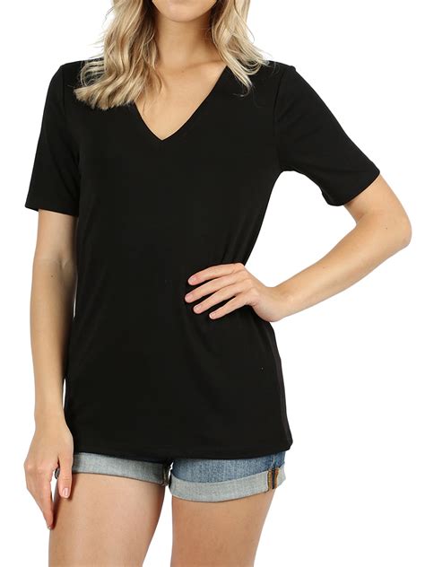 zenana women casual  neck short sleeve basic jersey  shirt tops slim fit black