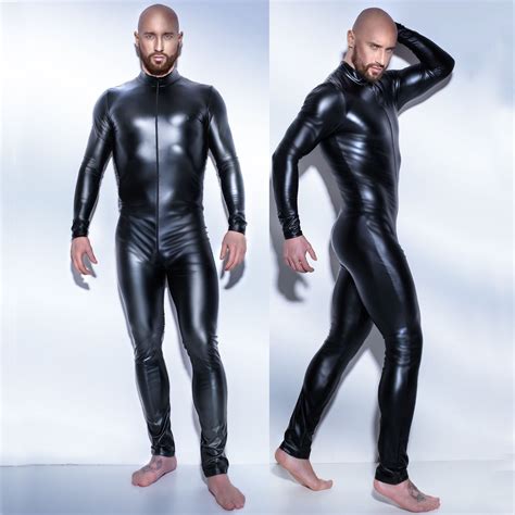 Mens Underwear Faux Leather Long Sleeve Full Body Stocking Tight Pole