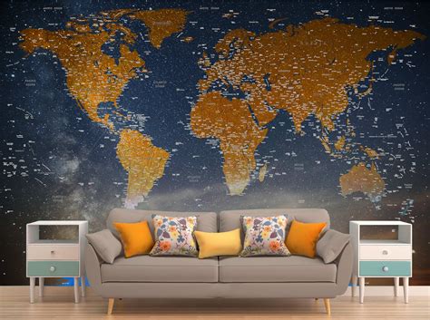 mural world map decor wallpeper peel  stick wall mural map etsy