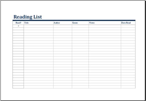 ms excel printable reading list template excel templates reading