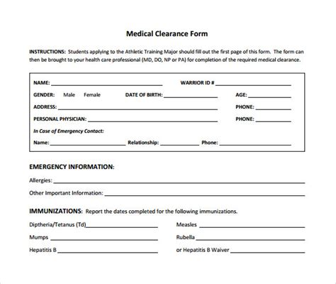 medical clearance form    sample templates