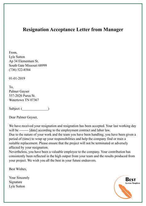resignation acceptance letter template format sample