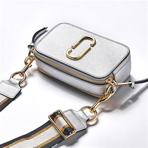silver leather camera bag zipper crossbody bag  wide strap