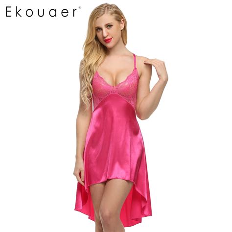 Ekouaer Ladies Sexy Satin Night Dress Lace Women Sleepwear Sleeveless