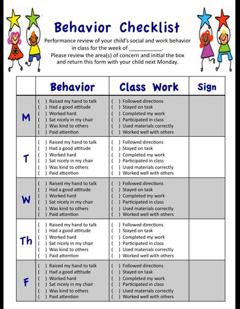 weekly behavior checklist  students social  academic
