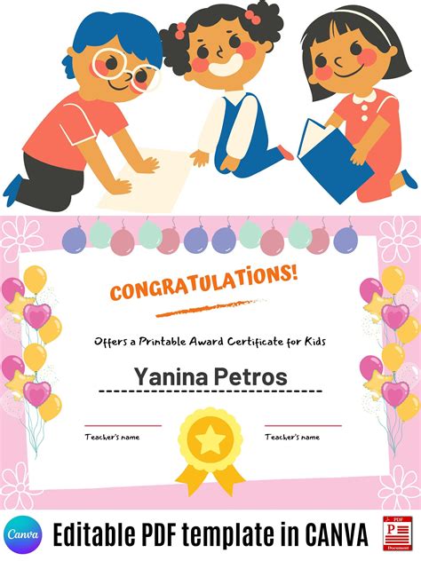 canva editable award certificate  kids digital etsy