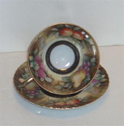 lefton china hand painted cup  saucer pears grapes etsy