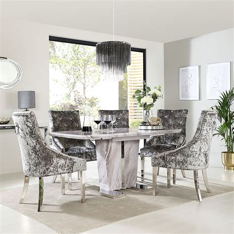 vienna grey marble extending dining table   imperial silver velvet