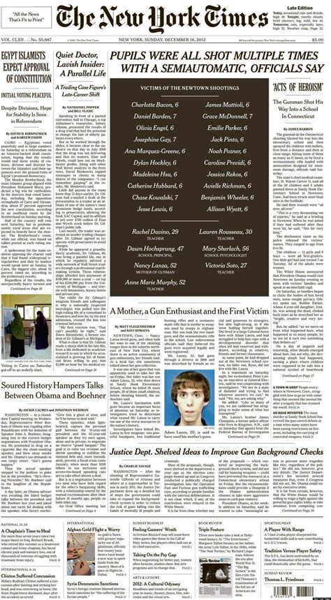 york times  news outlets run newtown shooting victims names  front pages