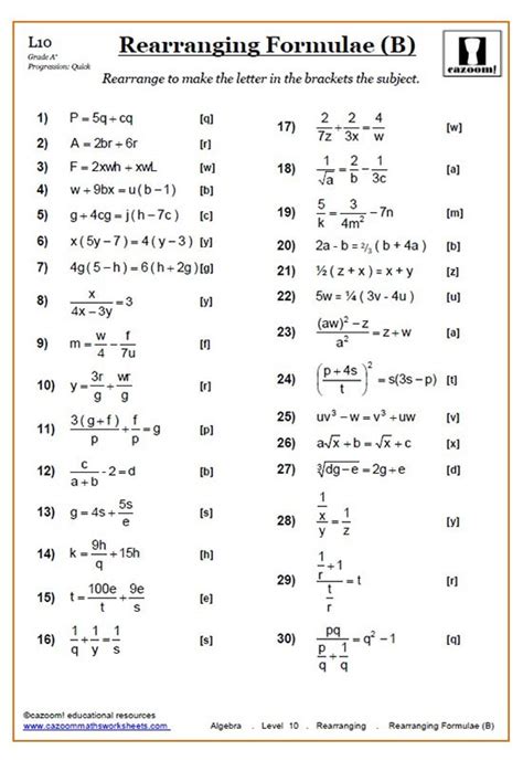 rearranging equations worksheets cazoom maths