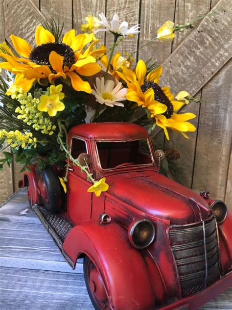 red truck floral red truck decor red truck sunflower etsy red truck