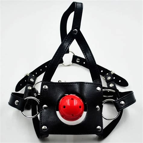 leather sm head harness red ball mask bondage restraint with open mouth