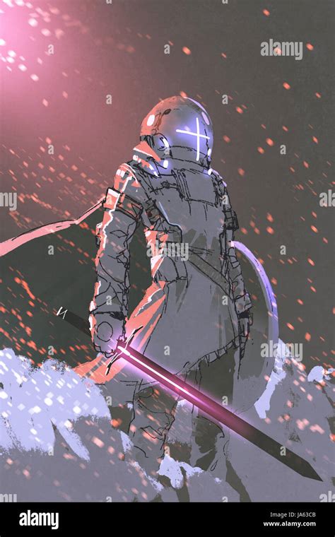 sci fi character  futuristic knight  glowing sword  shield