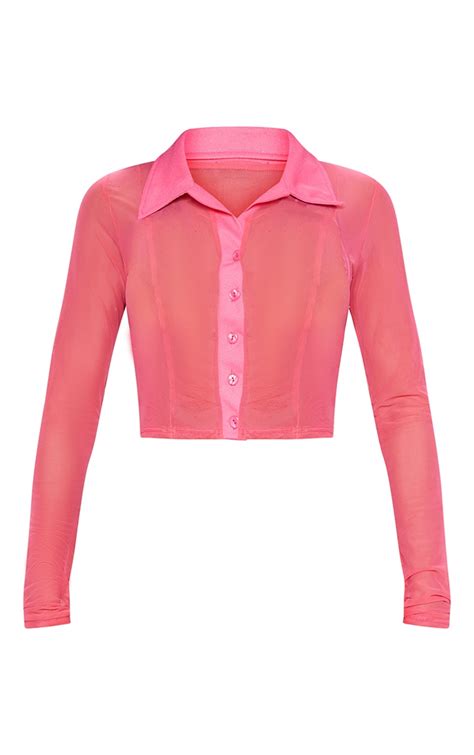 pink sheer mesh long sleeve crop shirt prettylittlething aus