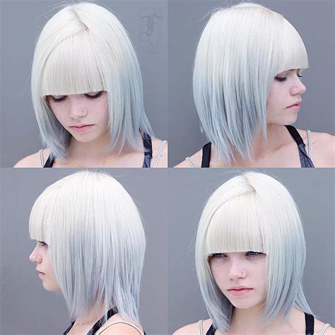 Reverse Silver Ombre On Choppy Bob With Blunt Bangs The