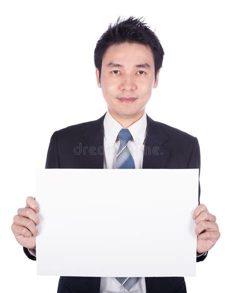 business man holding  blank paper sheet isolated  white stock photo