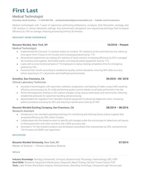 medical technologist resume examples   resume worded