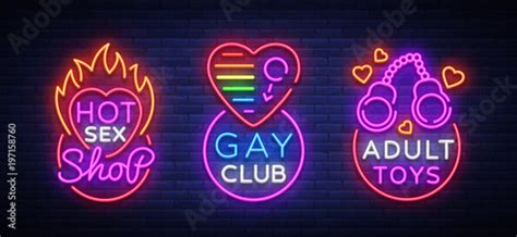 sex shop set of logos in neon style neon sign collection gay club