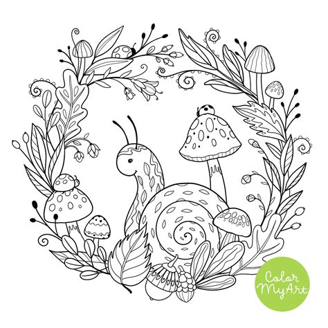 fall woodland wreath coloring page cute snail whimsical etsy