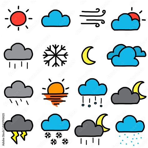 weather symbols icons set cartoon vector  illustration hand