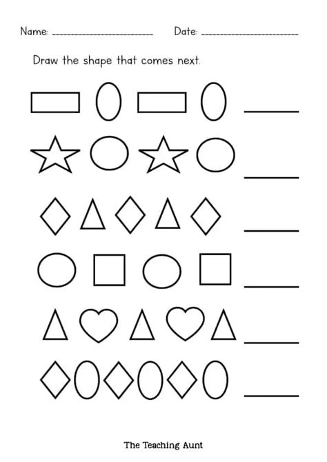 shapes  patterns worksheets  teaching aunt