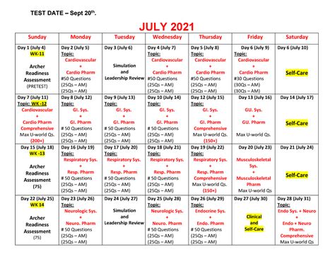 nclex study plan sample calendar  studying test date sept