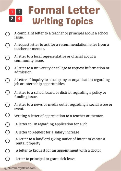 list   formal letter writing topics  included number dyslexia