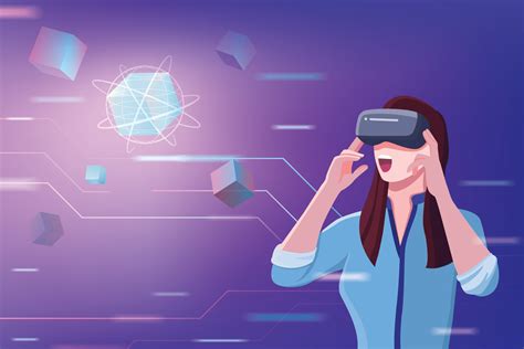 Virtual Reality Worlds Women In Virtual Reality Glasses And Blockchain