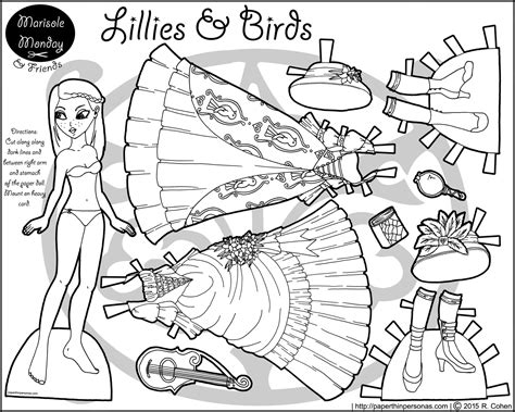 lillies birds  printable paper doll coloring page paper thin personas