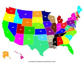 colorful united states map  state abbreviations  energy  sciences