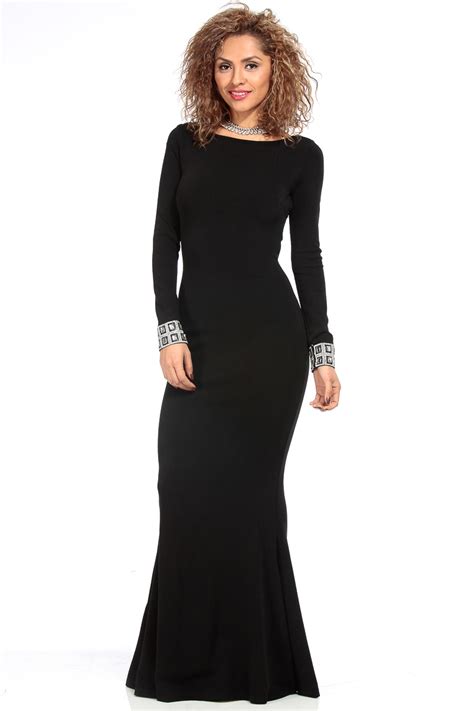 Black And Elegant Long Sleeve Mermaid Maxi Dress Cicihot