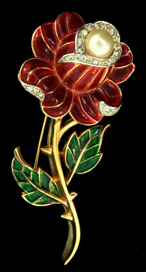 vintage trifari red enamel rhinestone fx pearl thorny rose flower from thedealhuntress on ruby lane