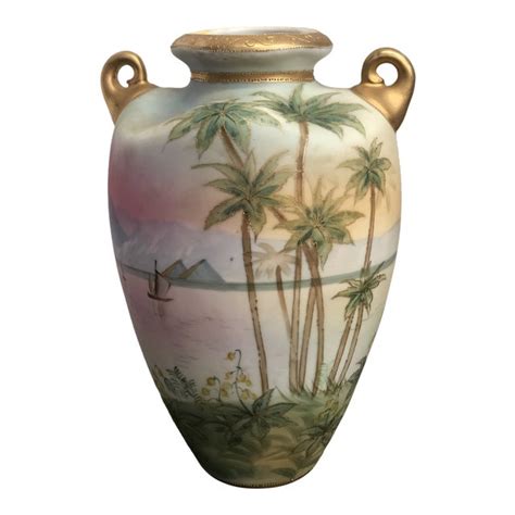 Antique Nippon Hand Painted Gold Gilt Palm Trees Vase Chairish